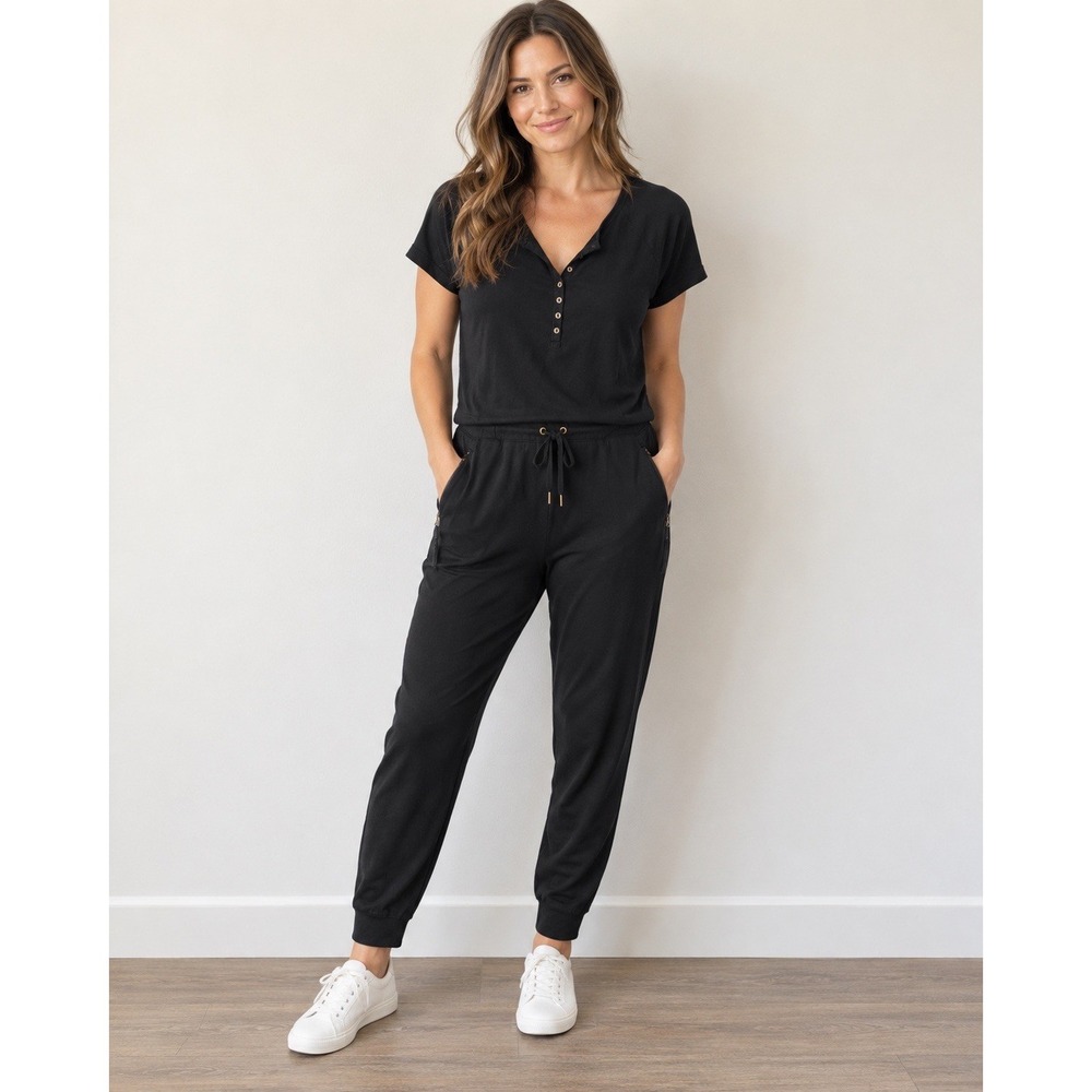 Lauren Jeans Co Black Cotton Modal Jumpsuit M Henley Drawstring Utility Casual